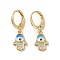 Hamsa Hand with Evil Eye Real 18K Gold Plated Brass Dangle Leverback Earrings, with Enamel and Cubic Zirconia, Deep Sky Blue, 25.5x9mm