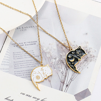 2Pcs Yin-yang Black and White Cat Shaped 201 Stainless Steel Enamel Pendant Necklaces for Couple FS-WG6093D-01-1