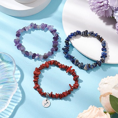 3Pcs 3 Styles Natural Amethyst & Lapis Lazuli &  Red Jasper Chips Stretch Bracelets Sets BJEW-JB11076-11-1