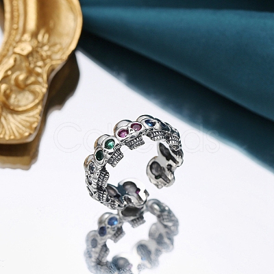 Brass Rhinestones Skull Open Cuff Rings for Unisex PW-WGC11C2-01-1