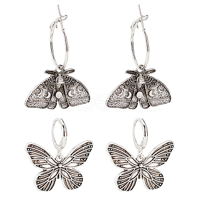 2 Pairs 2 Style Moth & Butterfly Zinc Alloy Dangle Hoop & Leverback Earrings EJEW-AN0002-64-1