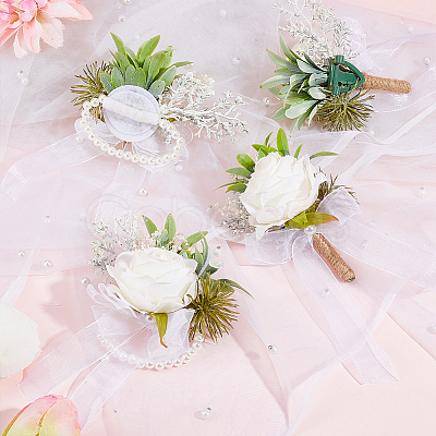 4Pcs Cloth & Plastic Imitation Flower Wrist Corsage & Boutonniere Sets AJEW-PH0008-28-1