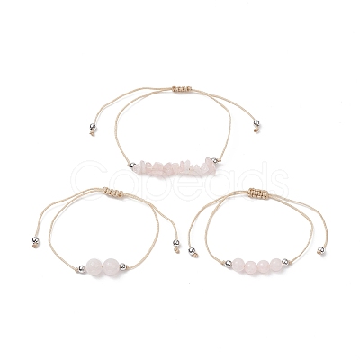 3Pcs 3 Style Natural Rose Quartz Braided Bead Bracelets Set BJEW-JB09334-01-1