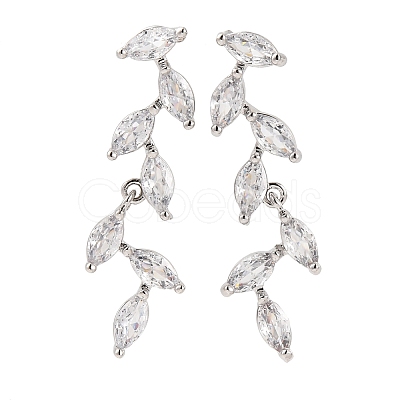 Leaf Brass Micro Pave Clear Cubic Zirconia Dangle Stud Earrings EJEW-F348-02P-1