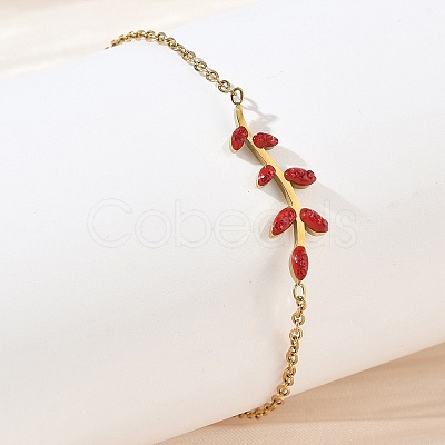 304 Stainless Steel Rhinestone Leaf Link Bracelets SA-CBA5F76-03G-01-1