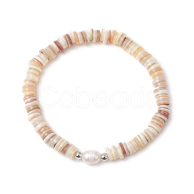 Natural Cultured Freshwater Pearl & Shell & Brass Spacer Beads Stretch Bracelets for Women BJEW-JB11874-01-1