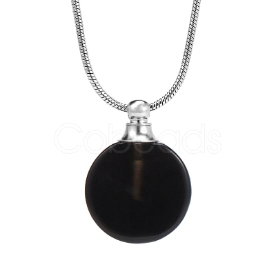 Natural Black Onyx(Dyed & Heated) Flat Round Perfume Bottle Pendant Necklaces PW-WGD45C6-10-1