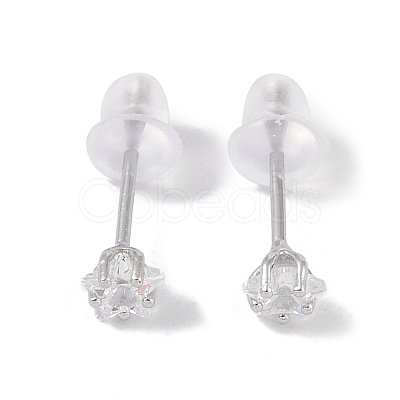 Rhodium Plated Star 999 Fine Silver Cubic Zirconia Stud Earrings for Women EJEW-S215-21P-1