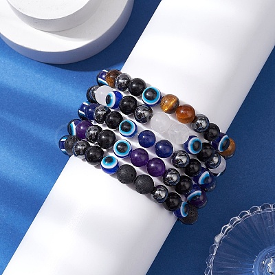 Round Gemstone Beaded Stretch Bracelets BJEW-JB11005-1