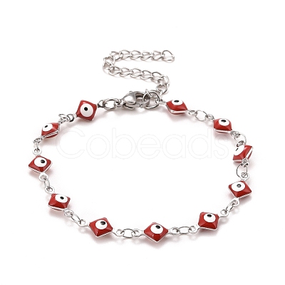Enamel Rhombus with Evil Eye Link Chains Bracelet BJEW-P271-03P-01-1