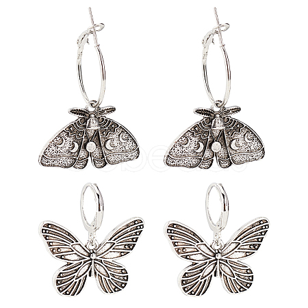 2 Pairs 2 Style Moth & Butterfly Zinc Alloy Dangle Hoop & Leverback Earrings EJEW-AN0002-64-1
