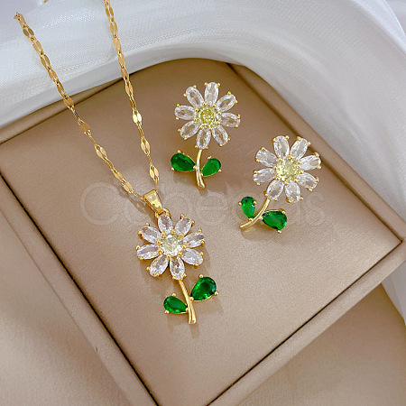 Brass Micro Pave Cubic Zirconia Pendant Necklace & Stud Earrings WG7AC39-52-1