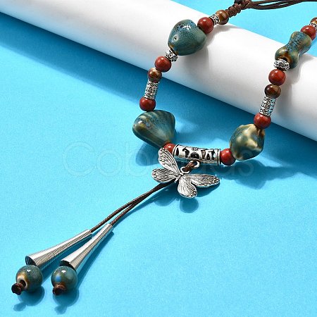 Ethnic Style Alloy & Porcelain Ceramic Beads Butterfly Pendant Tassel Y Necklaces NJEW-D308-01B-1