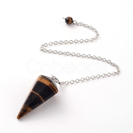 Platinum Tone Brass Tiger Eye Cone Hexagonal Pointed Dowsing Pendulums X-MAK-M015-01D-1
