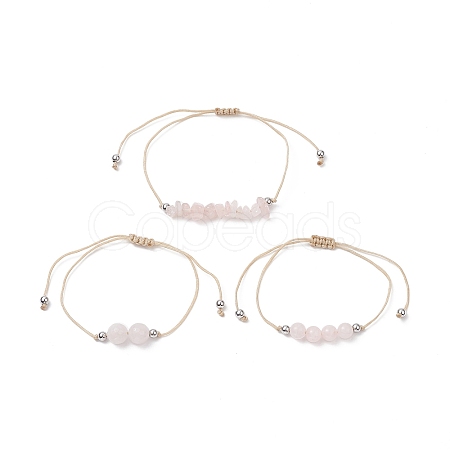 3Pcs 3 Style Natural Rose Quartz Braided Bead Bracelets Set BJEW-JB09334-01-1