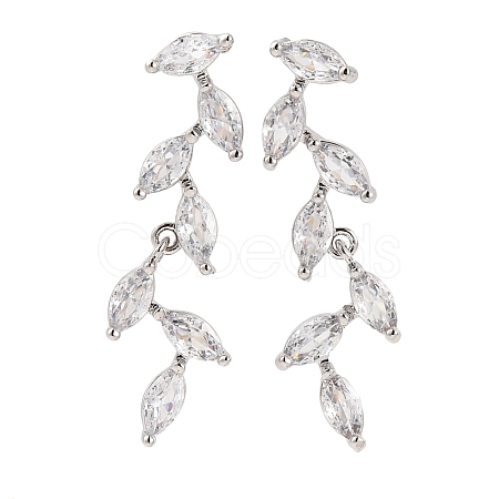 Leaf Brass Micro Pave Clear Cubic Zirconia Dangle Stud Earrings EJEW-F348-02P-1
