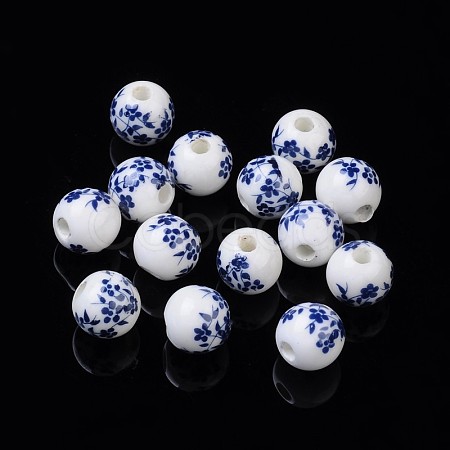 Round Flower Handmade Blue and White Ceramic Porcelain Beads X-PORC-Q201-10mm-4-1