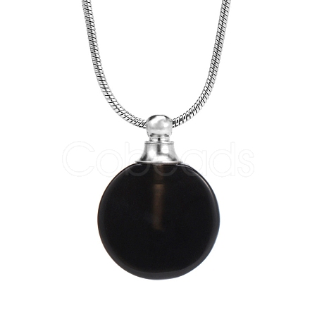 Natural Black Onyx(Dyed & Heated) Flat Round Perfume Bottle Pendant Necklaces PW-WGD45C6-10-1
