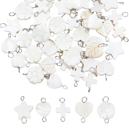 50Pcs 5 Styles Natural Freshwater Shell Connector Charms PALLOY-HS00009-1