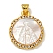 Rack Plating Brass Micro Pave Clear Cubic Zirconia Flat Round Pendants, Carved Natural White Shell Nossa Senhora Aparecida Charms, Golden, Virgin, 22.5x19x3.5mm, Hole: 5X2.5mm