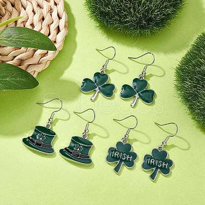 3 Pair 3 Style Saint Patrick's Day Alloy Enamel Dangle Earrings with Brass Pins for Women EJEW-JE05347-1