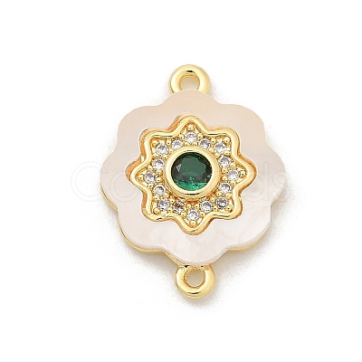 Brass Micro Pave Clear Cubic Zirconia & Shell Connector Charms KK-M303-03G-08-1