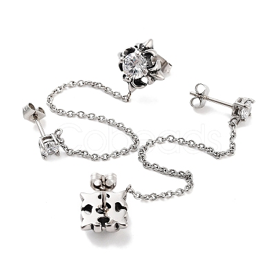 Flower 316 Surgical Stainless Steel Pave Clear Cubic Zirconia Dangle Chains Stud Earrings EJEW-Z050-61AS-1