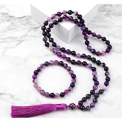 Natural Amethyst Round Beaded Pendant Necklaces & Bracelets Sets FS-WG9D102-22-1