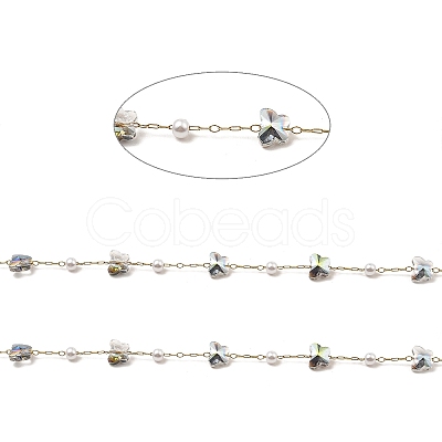 Butterfly Glass & ABS Plastic Pearl Beaded Link Chains CHS-G028-02G-01-1