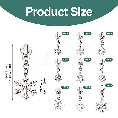 18Pcs 9 Styles Alloy Replacement Zipper Head with Snowflake Tibetan Style Alloy Pendants PALLOY-TAC0158-1