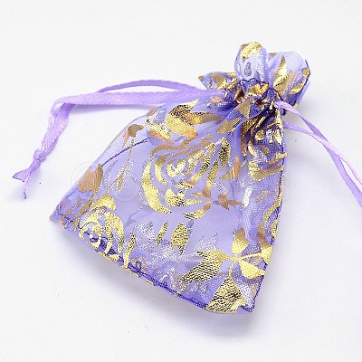 Gold Stamping Rose Flower Rectangle Organza Gift Bags OP-L006A-01-1