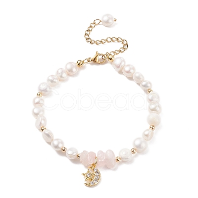 Natural Rose Quartz Chips & Pearl Beaded Bracelet BJEW-JB08236-01-1