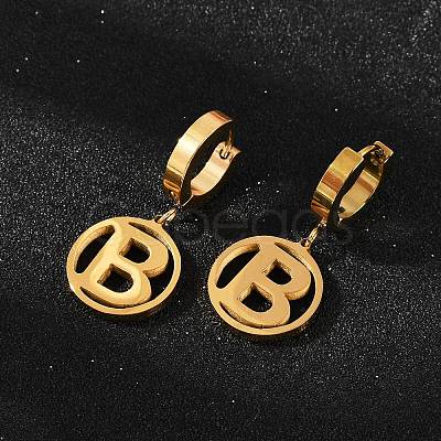 Flat Round with Letter B 304 Stainless Steel Pendant Necklaces & Hoop Earring Jewelry Sets SJEW-L177-08G-1
