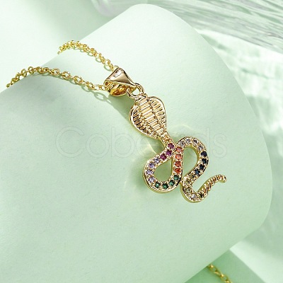 Brass Micro Pave Colorful Cubic Zirconia Snake Pendant Necklaces NJEW-S438-02H-G-1