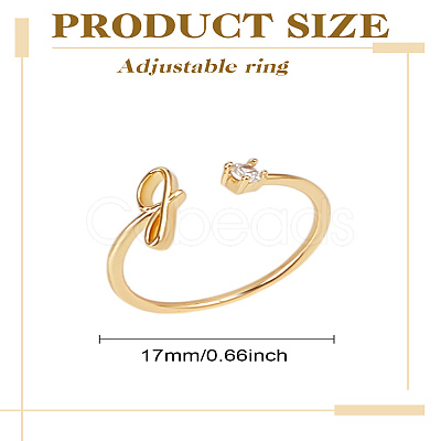 1Pc Letter Brass Rhinestone Open Cuff Rings for Women AJEW-LP0004-47G-G-1