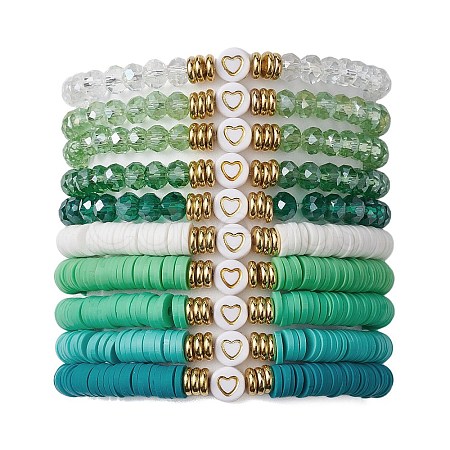 10Pcs Polymer Clay Disc & Glass & Brass Beaded Stretch Bracelets Set BJEW-JB09676-04-1