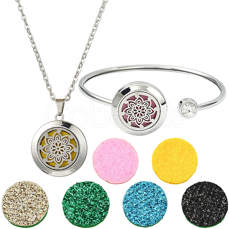 1Pc Stainless Steel Open Cuff Bangles & 1Pc Stainless Steel Pendant Neclace AJEW-SC0004-06B-1