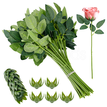 50Pcs Silk Fabric & Plastic Artificial Rose Leaf AJEW-PH0008-12-1