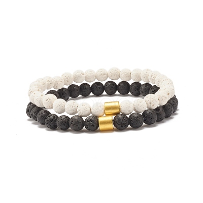 2Pcs 2 Style Natural Lava Rock(Dyed) Round Beaded Stretch Bracelets Set with Column Synthetic Hematite BJEW-JB07578-1