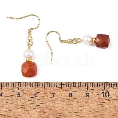Natural Carnelian with Round Shell Pearl Beads Cube Dangle Earrings EJEW-JE07522-1