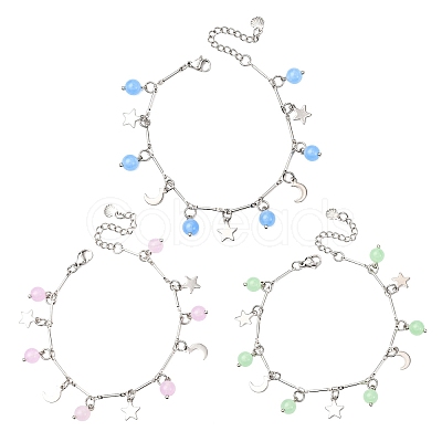 3Pcs Stainless Steel and Natural & Dyed Malaysia Jade Charm Bracelets BJEW-JB12418-1