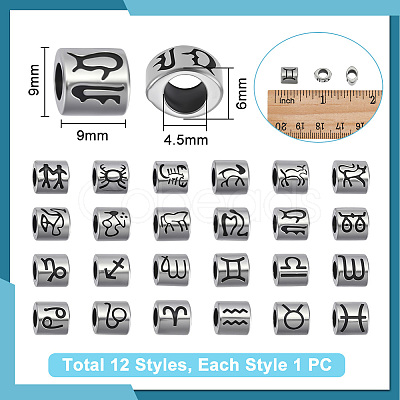 12Pcs Oval with Constellation 304 Stainless Steel European Beads STAS-UN0064-66-1