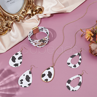 Leopard Teardrop PU Leather Pendant Necklaces & Bracelets & Dangle Earrings Sets SJEW-WH0007-07A-1