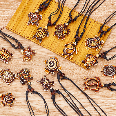 ANATTASOUL 15Pcs 15 Styles Tortoise Resin Pendant Necklaces Set with Adjustable Cotton Cords NJEW-AN0001-51B-1