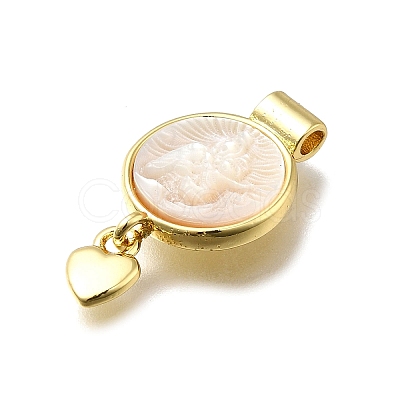 Brass Pave Natural White Shell Flat Round with Heart Pendants KK-C090-37G-07-1