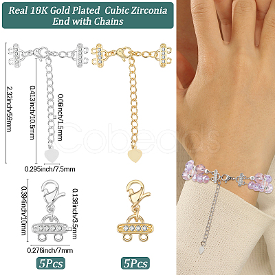 10Pcs 2 Colors Brass Micro Pave Clear Cubic Zirconia End with Chains KK-BBC0019-09-1