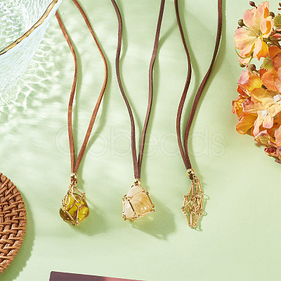 3Pcs Faux Suede Macrame Pouch Pendant Necklaces NJEW-TAC0051-02-1