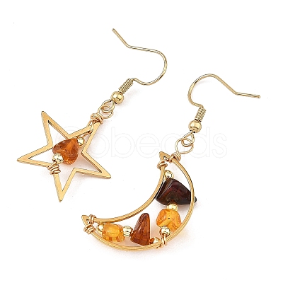 Natural Amber Wire Wrapped Star Moon Dangle Earrings EJEW-JE07532-1
