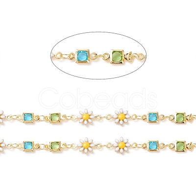 Enamel Flower & Glass Square Link Chains CHC-P009-36G-1