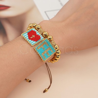 8mm Round Brass Bead Glass Seed Beaded Square with Heart Letter FE Charms Bracelets RH7908-1